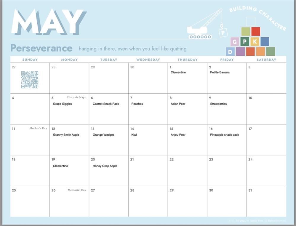  Calendar with fruit and veggies